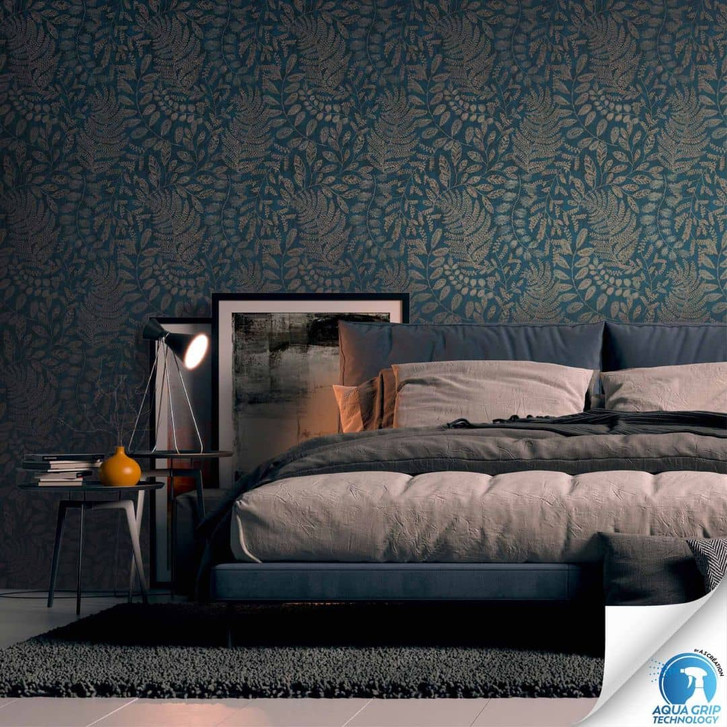 Blätter-Tapete Dunkelblau Bronze - Botanische Vliestapete - Tapezieren ohne Kleister - WA465611