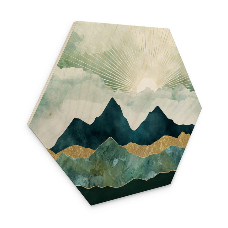 Hexagon Holzbild Sonnige Landschaft in Blau und Gold - SpaceFrog Designs - WA425354