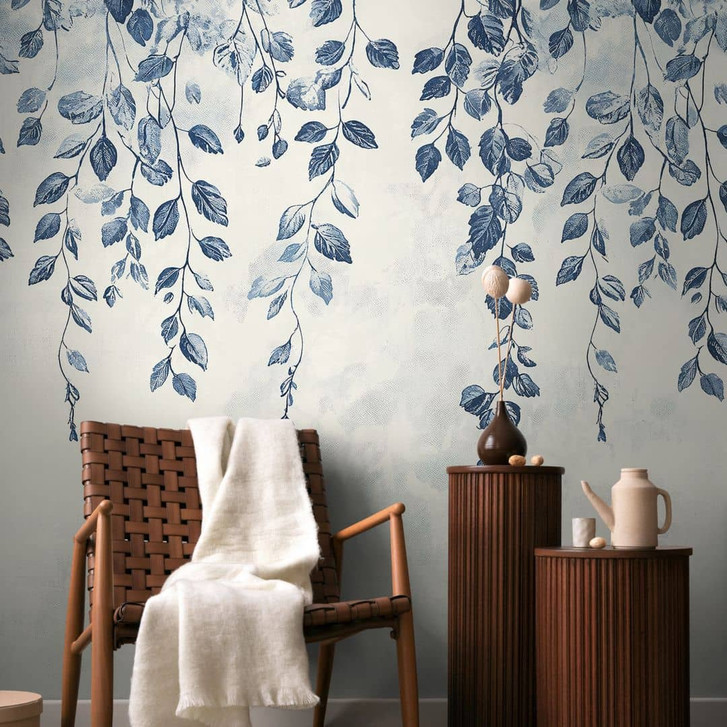 COSMOPOLITAN Fototapete Blätter Ranken Blau Weiss - Design Vliestapete Natur - WA474890