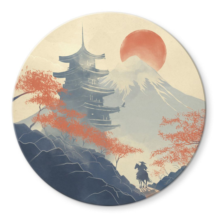 Glasbild Sonnenaufgang über der Pagode - Roze - Rund - WA435523