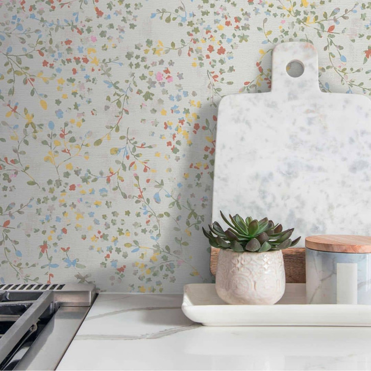 Florale Tapete Blumenranken Aquarell - Vliestapete in Gelb Grün Blau - Romantische Mustertapete - WA458804