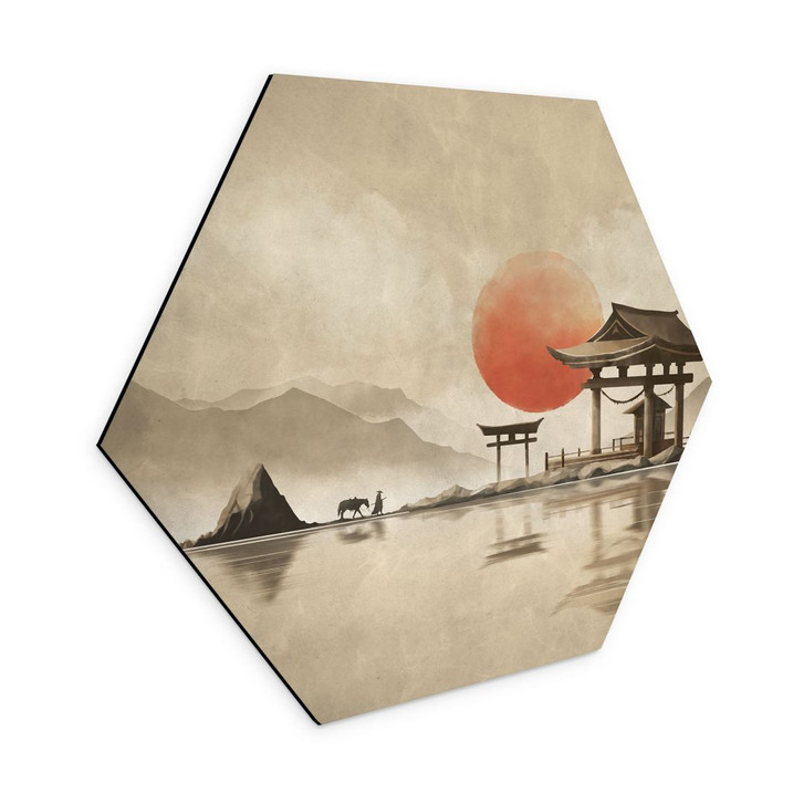 Hexagon Wandbild Japanischer Tempel im Sonnenaufgang - Roze - Alu-Dibond - WA441428