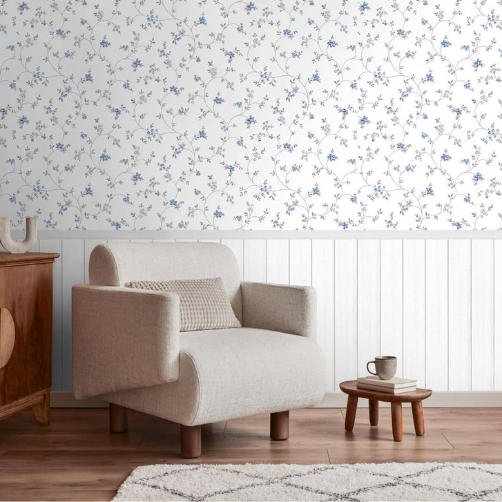 Fototapete Blumenranken mit Holzpaneel Blau Weiss – Romantisch & erweiterbar - WA460889