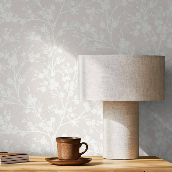 Vliestapete mit leicht glänzendem Blattmotiv grau, beige Floral - WA446201