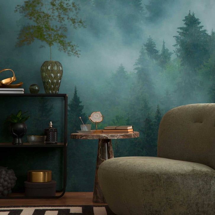 3D-Fototapete Wald Grün - Vliestapete mit Nebelmotiv für Wohnzimmer & Schlafzimmer - WA418401