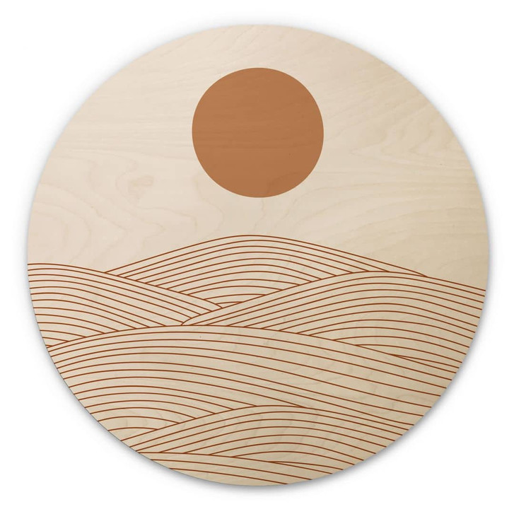 Holzbild Sonnenaufgang über der abstrakten Wüste - Playell - Rund - WA432390
