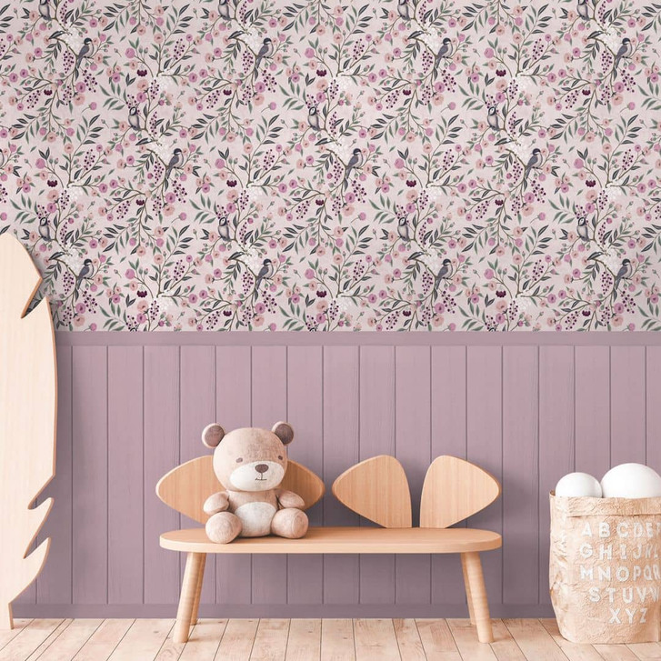 Fototapete Vögel & Zweige Rosa - florales Muster mit Holzpaneel - erweiterbare Vliestapete - WA460919