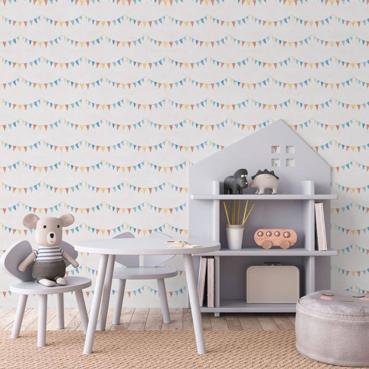 Wimpel-Tapete Bunt auf Weiss - Kinderzimmer-Tapete mit Girlanden - WA465391