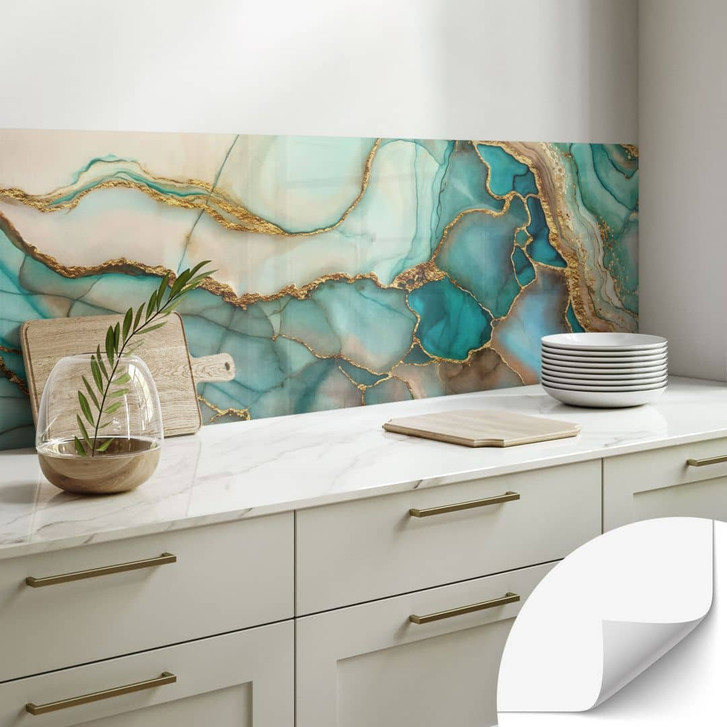 Selbstklebende Küchenrückwand Marmorierte Wellen in Türkis und Gold - Haase - WA433503