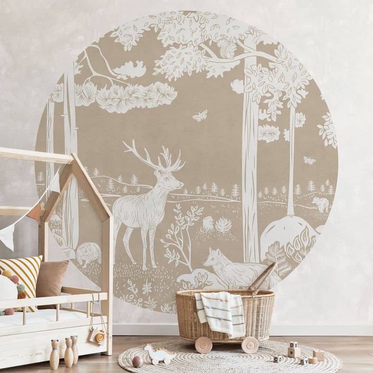 Fototapete Herbstlicher Wald mit Hirschen und Füchsen - Braun - Kikki Belle - Rund - Selbstklebend/Vlies - WA437002