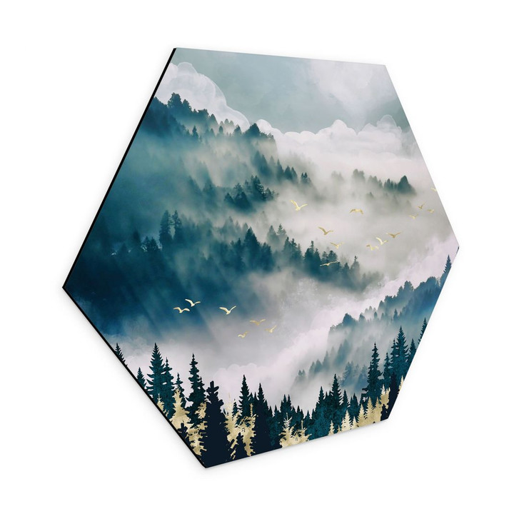 Hexagon Wandbild Geheimnisvoller Nebel im Wald - SpaceFrog Designs - Alu-Dibond - WA422680