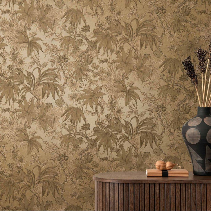 Botanik-Tapete Braun Gold - Florale Mustertapete exotisch - Vliestapete - WA480152