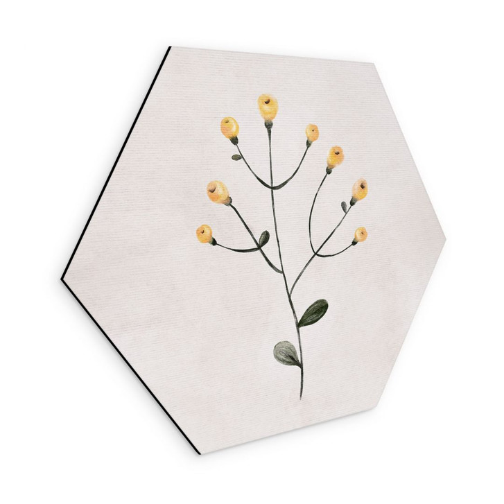 Hexagon Wandbild Zarte Pflanze mit gelben Blüten - Goed Blauw - Alu-Dibond - WA484826