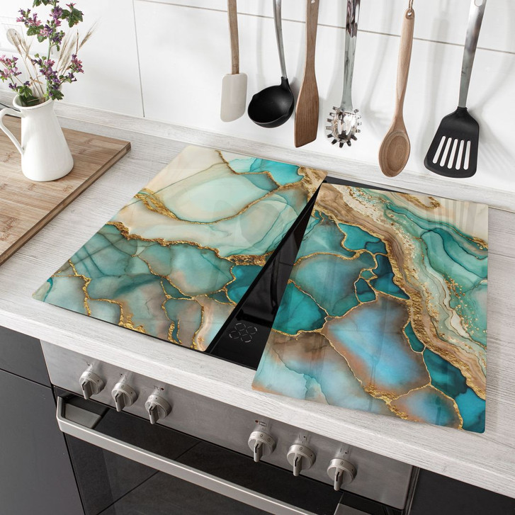 Herdabdeckplatte Marmorierte Wellen in Türkis und Gold - Haase - WA432618