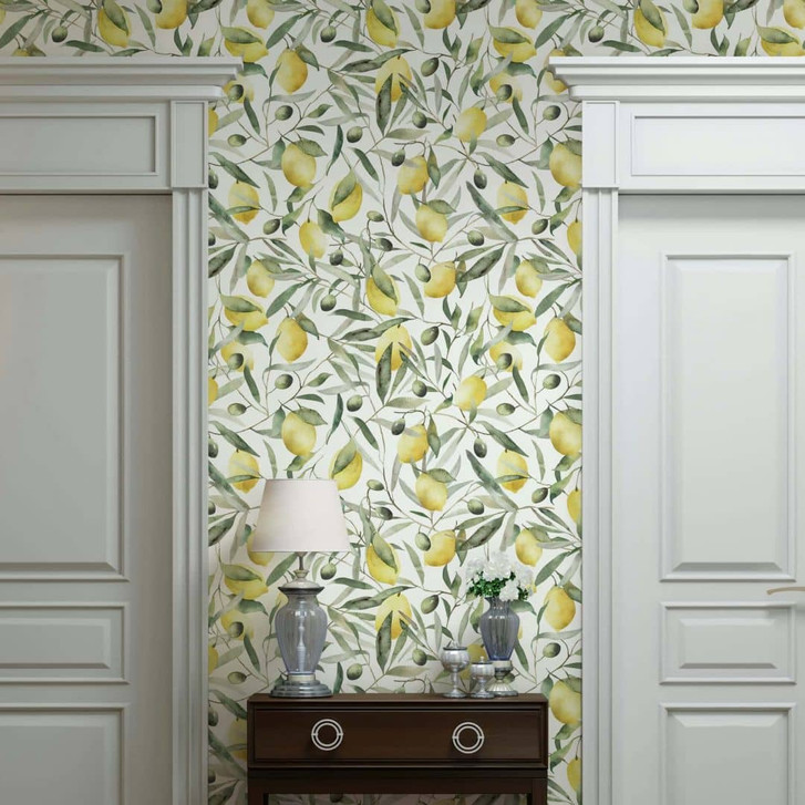 Vliestapete Zitronen, Blätter Floral Natur matt in Weiss - WA473005