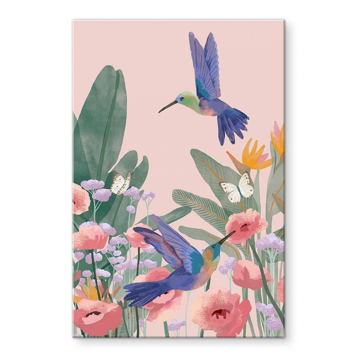 Acrylglasbild Zwei Kolibris auf der bunten Blumenwiese - Goed Blauw - WA464083