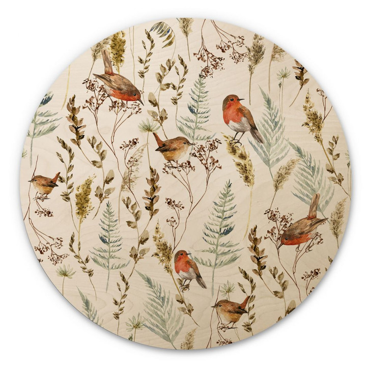 Holzbild Spatzen und Rotkehlchen - UN Designs - Rund - WA425182