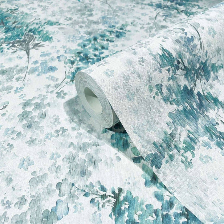 Vliestapete mit gemalten Blättern und Ästen grau, türkis Floral - WA450998